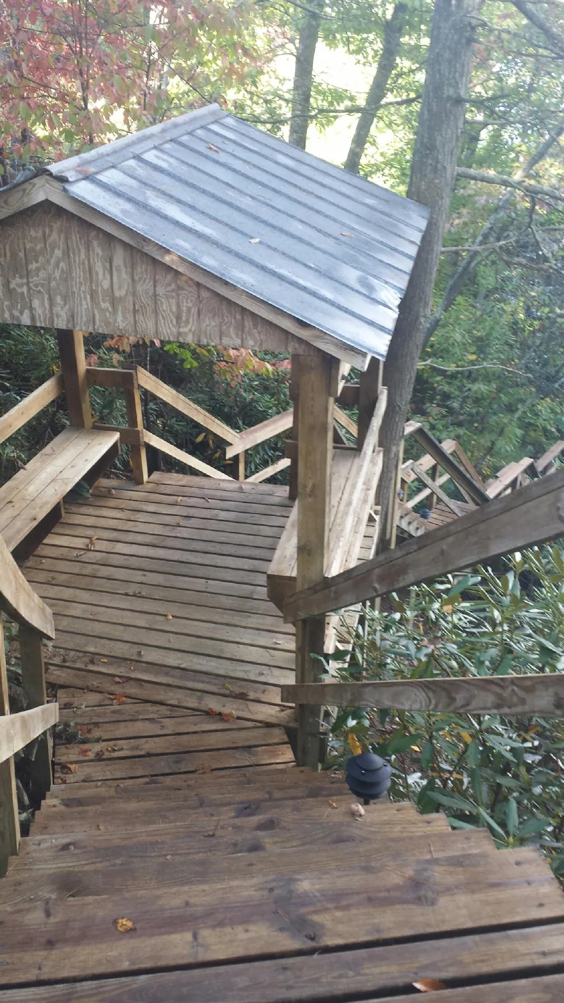 Metal roofed shelter over wooden steps on a wooded walkway — Skylight Repair & Installation work by our crew in Humble